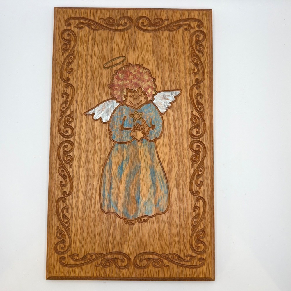 Jo's Wood Gallery Angel Plaque Hand Crafted Carved Oak Folk Art Decor 14.5x8.5
